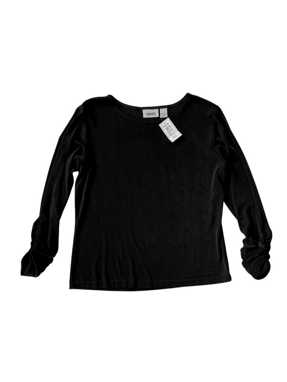 Chicos Travelers Slinky Long Sleeve Black Top Shirt Ruched Sleeves Size 2 NWT! - Picture 2 of 3